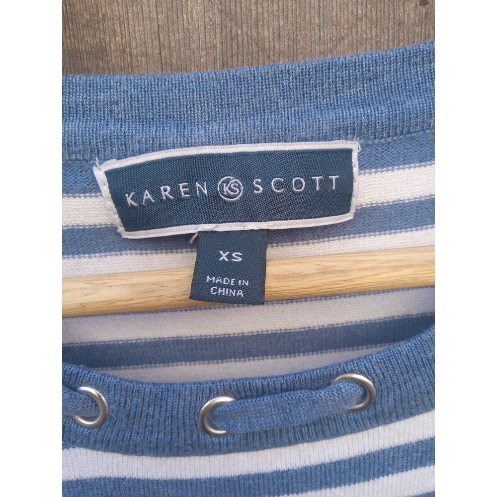 Karen Scott Heather Indigo Blue Mid Sleeve Striped Top Sz‎ XS - Picture 3 of 5
